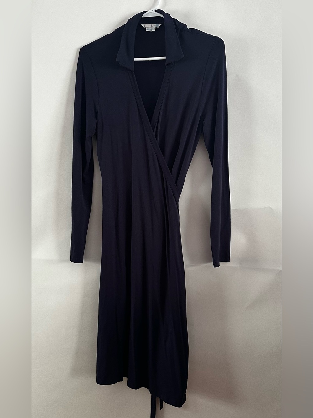 Boden Collared Jersey Dress Navy Blue Wrap Tie Waist Long Sleeve Midi 10
